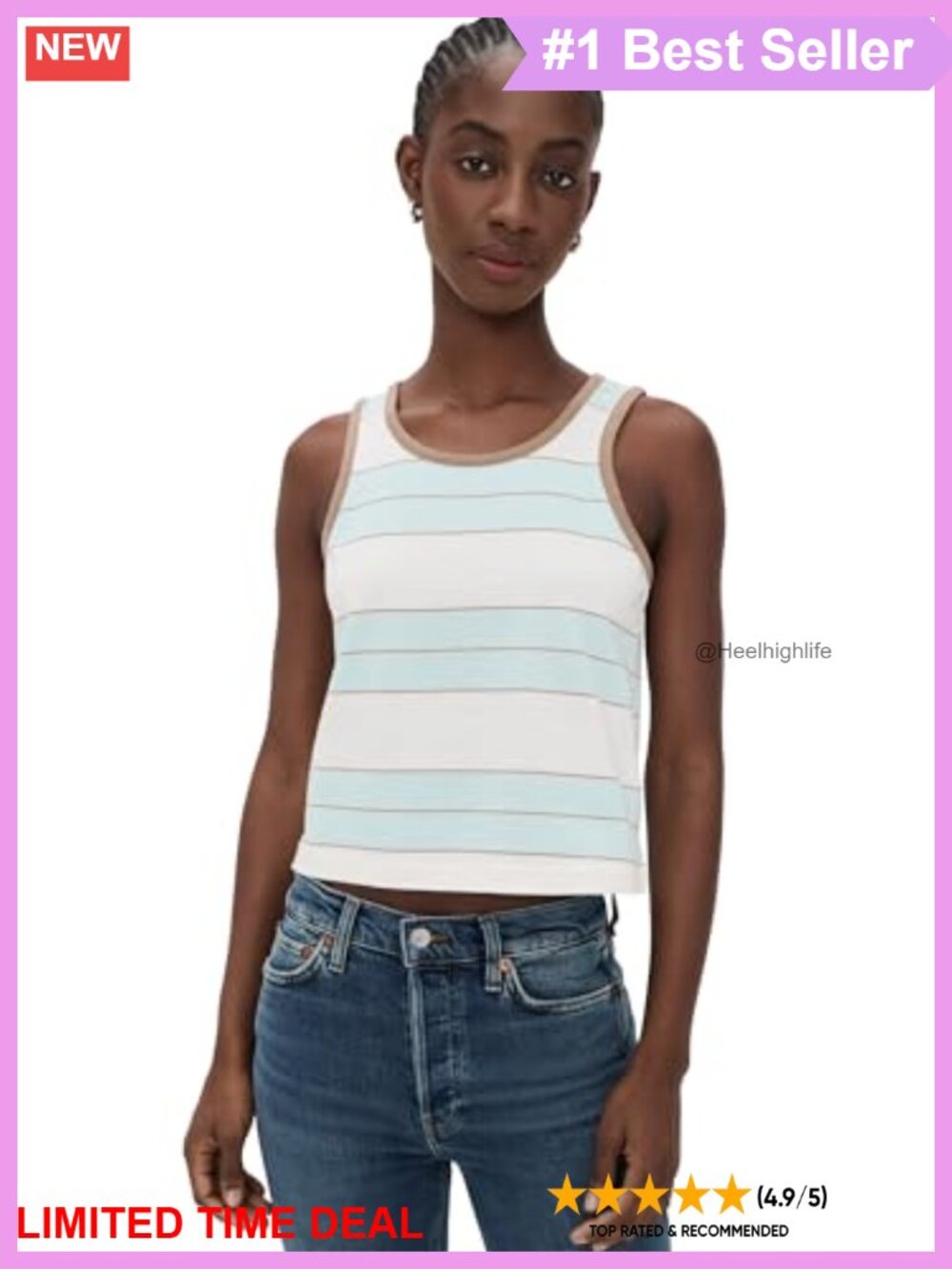 Lightweight Stretch Jersey Stripe Tank Top Sleeveless Crew Neck